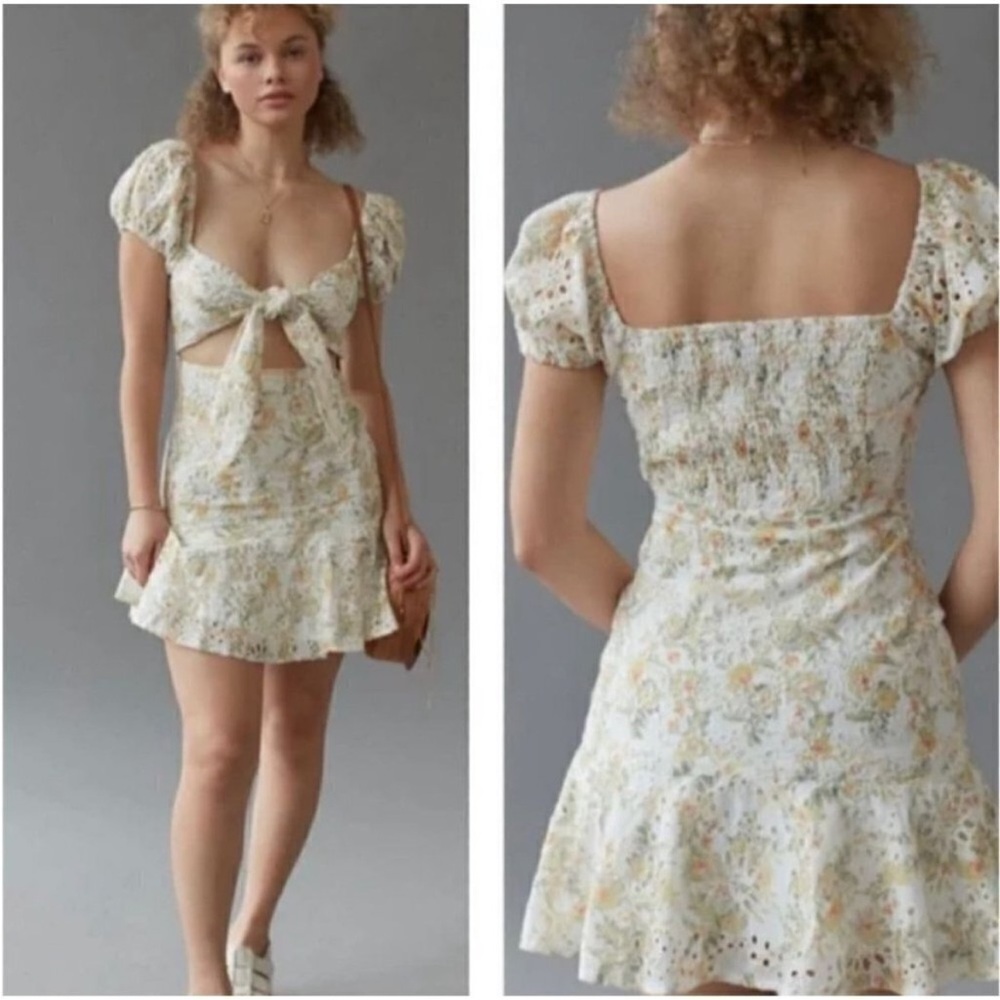 En Saison Yellow Floral Eyelet Tie Front Cut Out Puff Sleeve Smocked Dress S